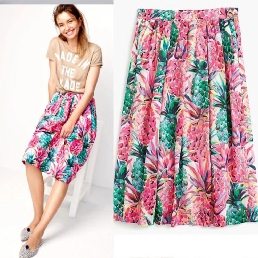 J. Crew Ratti Painted Midi Skirt Cotton Pineapple Colorful Elastic Waist Women 2